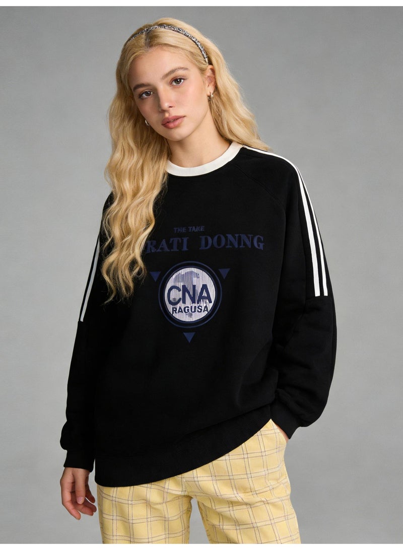 سي ان اي Black "IMPRATI DONNG" Vintage Logo Oversized Crew Neck Sweatshirt | Striped Sleeve Pullover With "CNA RAGUSA" Print - Image 2